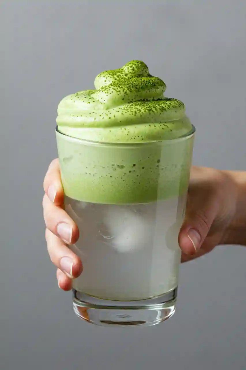 served-cloud-matcha-iced-layered-drink.webp Glass of cloud matcha with whipped matcha layer served over ice
