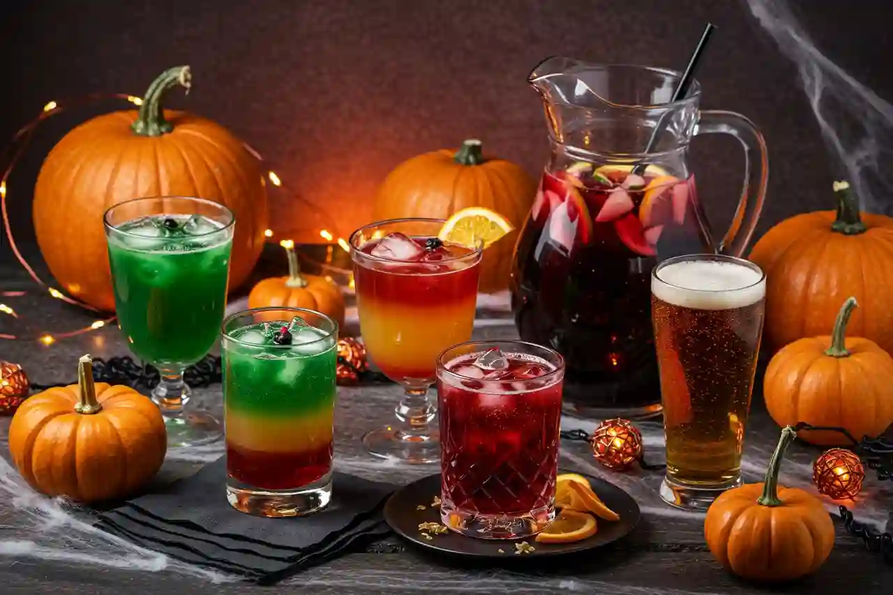 A spooky Halloween cocktail spread with five colorful drinks: green Witch’s Brew, layered shot, fruity sangria, red cocktail, and pumpkin beer, styled with pumpkins and cobwebs.