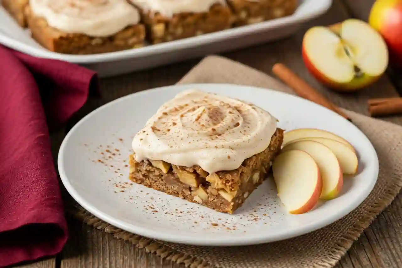 Chewy apple cinnamon blondies with maple cream cheese frosting on parchment