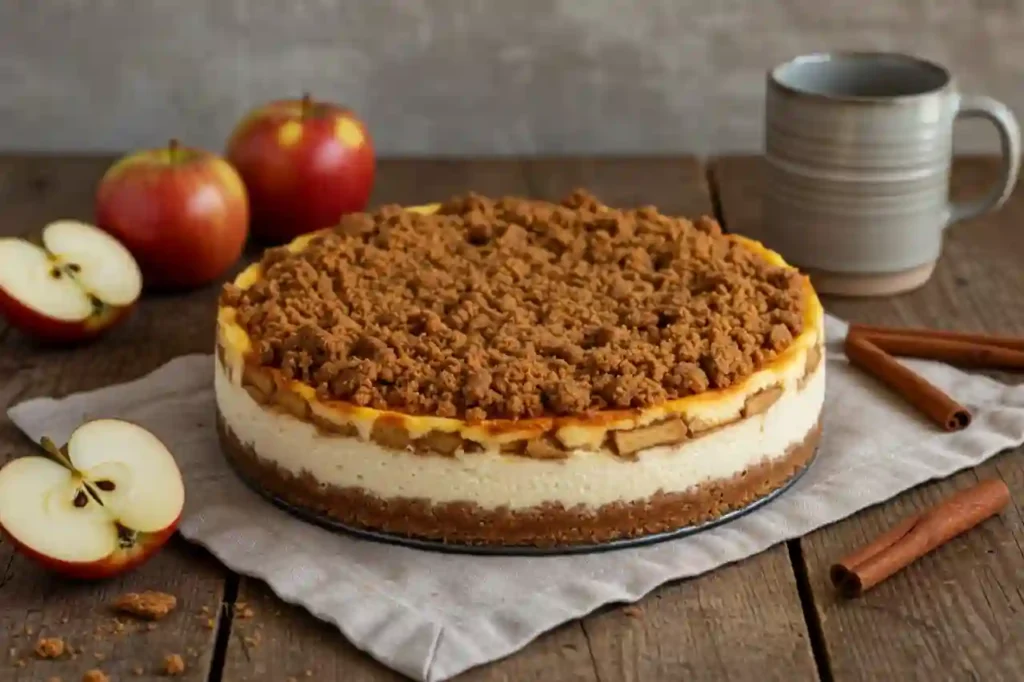 Whole apple crumble cheesecake with crumble topping styled on rustic table with brand-color props