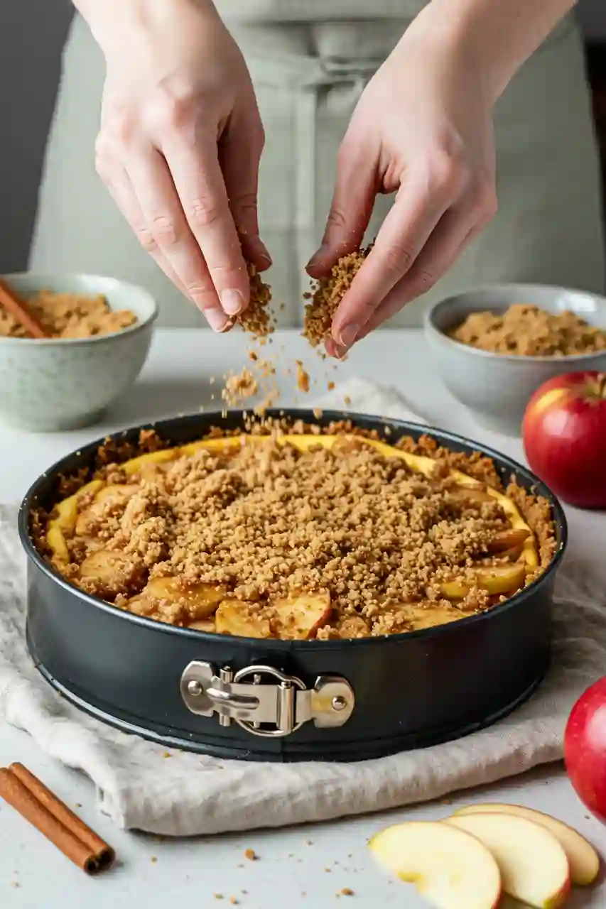 Apple Crumble Cheesecake Key Step Sprinkling crumble topping over cheesecake with apples in springform pan, styled with brand colors