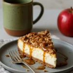 Slice of apple crumble cheesecake on muted gray plate with caramel drizzle and brand-color props