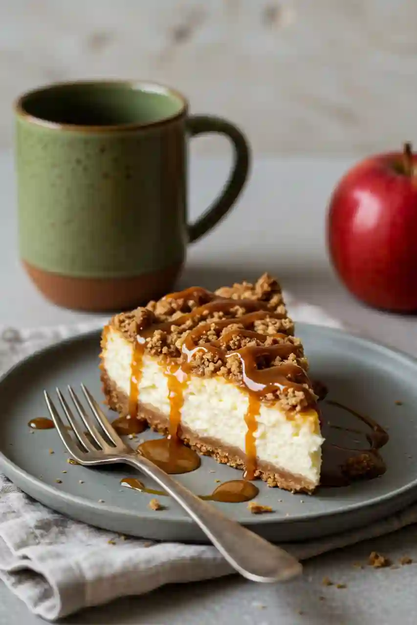 Apple Crumble Cheesecake Serving Slice Slice of apple crumble cheesecake on muted gray plate with caramel drizzle and brand-color props