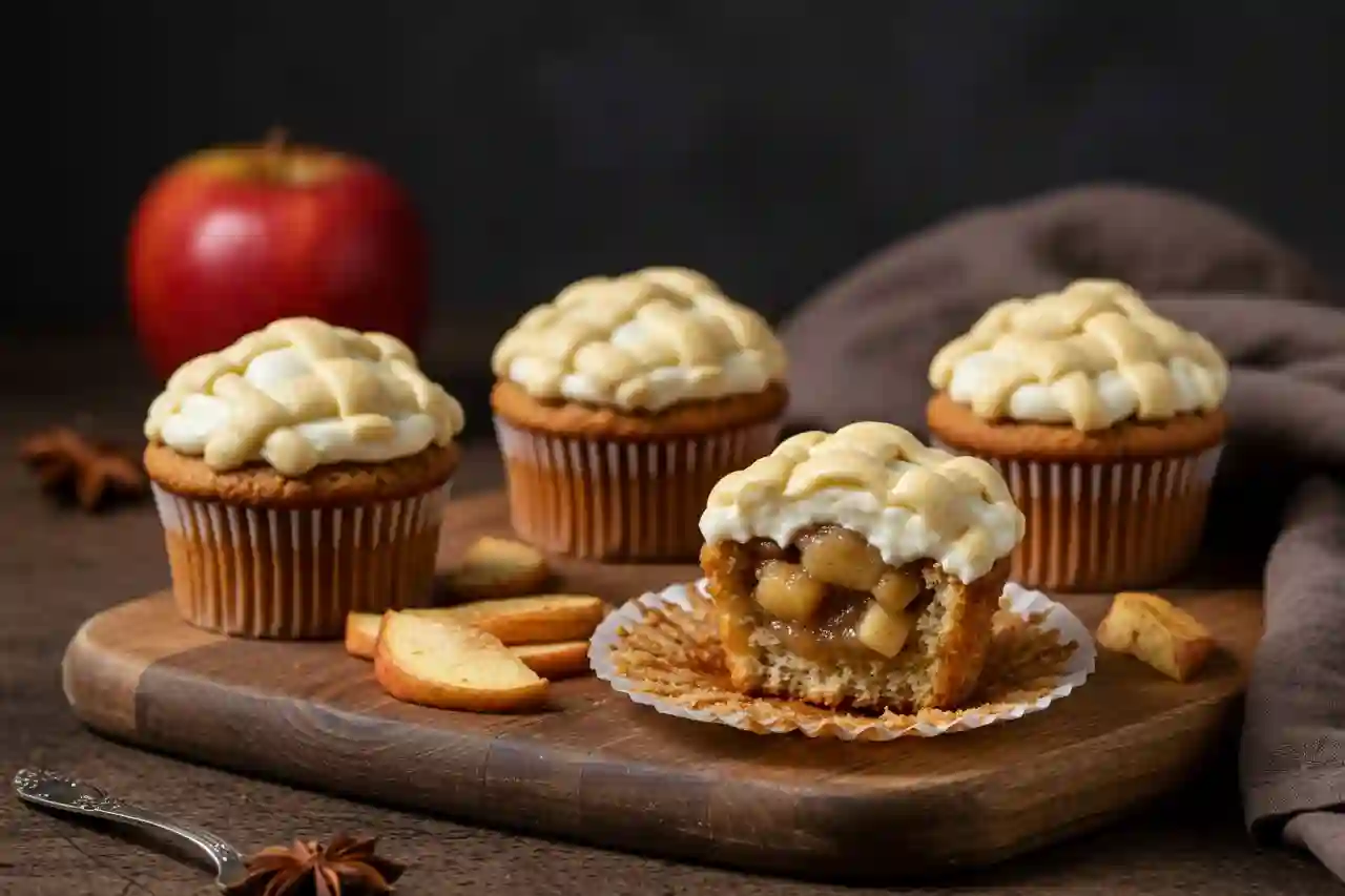 Apple pie cupcakes with apple filling and lattice frosting on a wooden board in rustic autumn style.