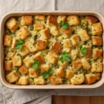 Classic butter herb stuffing with golden topping in a ceramic dish