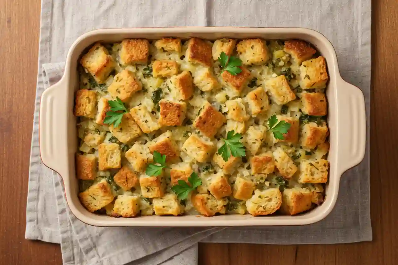 Classic butter herb stuffing with golden topping in a ceramic dish