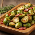 Roasted Brussels sprouts with bacon on a rustic holiday serving dish