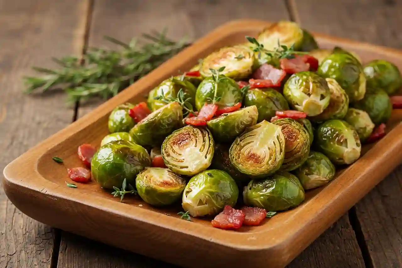 Roasted Brussels sprouts with bacon on a rustic holiday serving dish