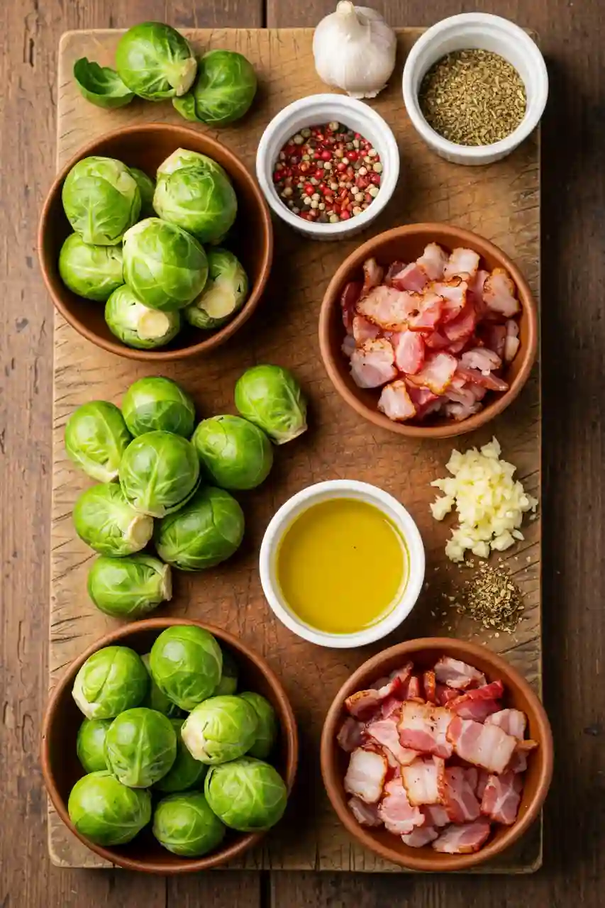 Brussels sprouts with bacon recipe ingredients Flat lay of Brussels sprouts with bacon ingredients on a wooden board