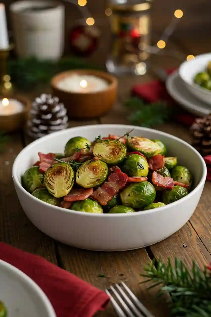 Brussels sprouts with bacon served in a bowl Brussels sprouts with bacon in a white bowl on a holiday table