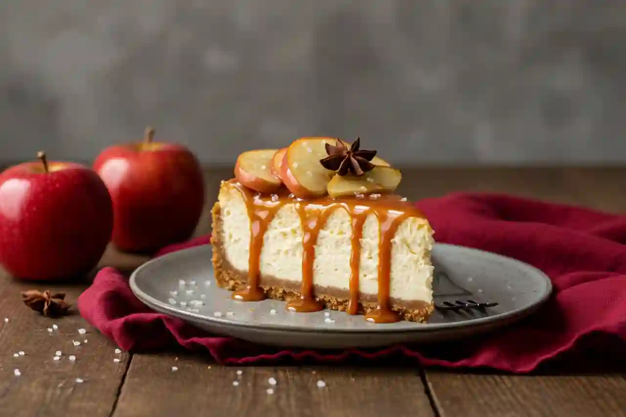 Slice of salted caramel apple pie cheesecake on a gray-rimmed plate with caramel drizzle.