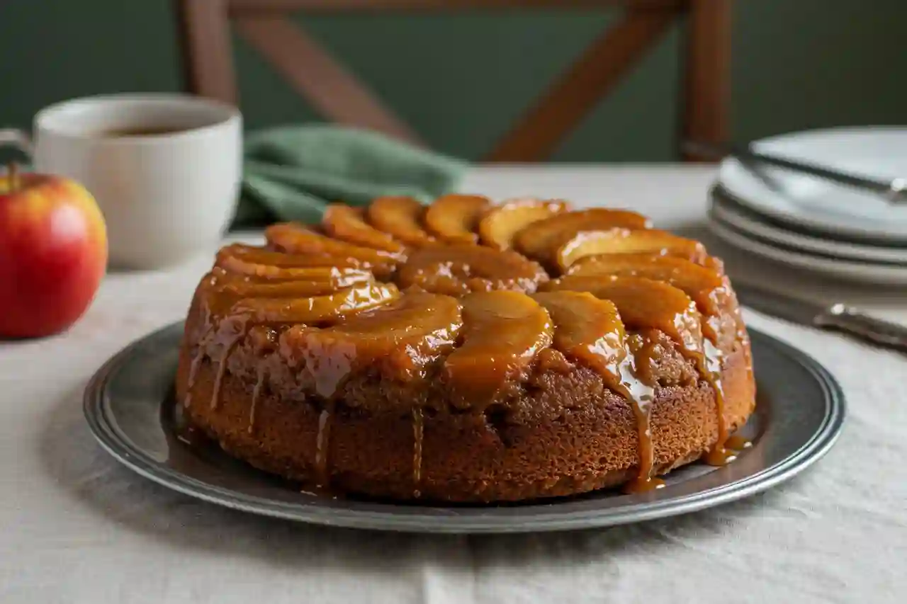 Caramel apple upside down cake with glossy apple slices and caramel topping