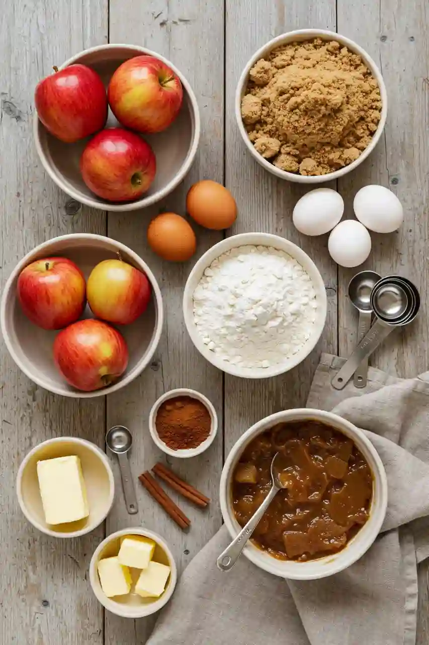 Caramel Apple Upside Down Cake Ingredients Flat lay of apples, flour, butter, sugar, eggs, and cinnamon for caramel apple upside down cake