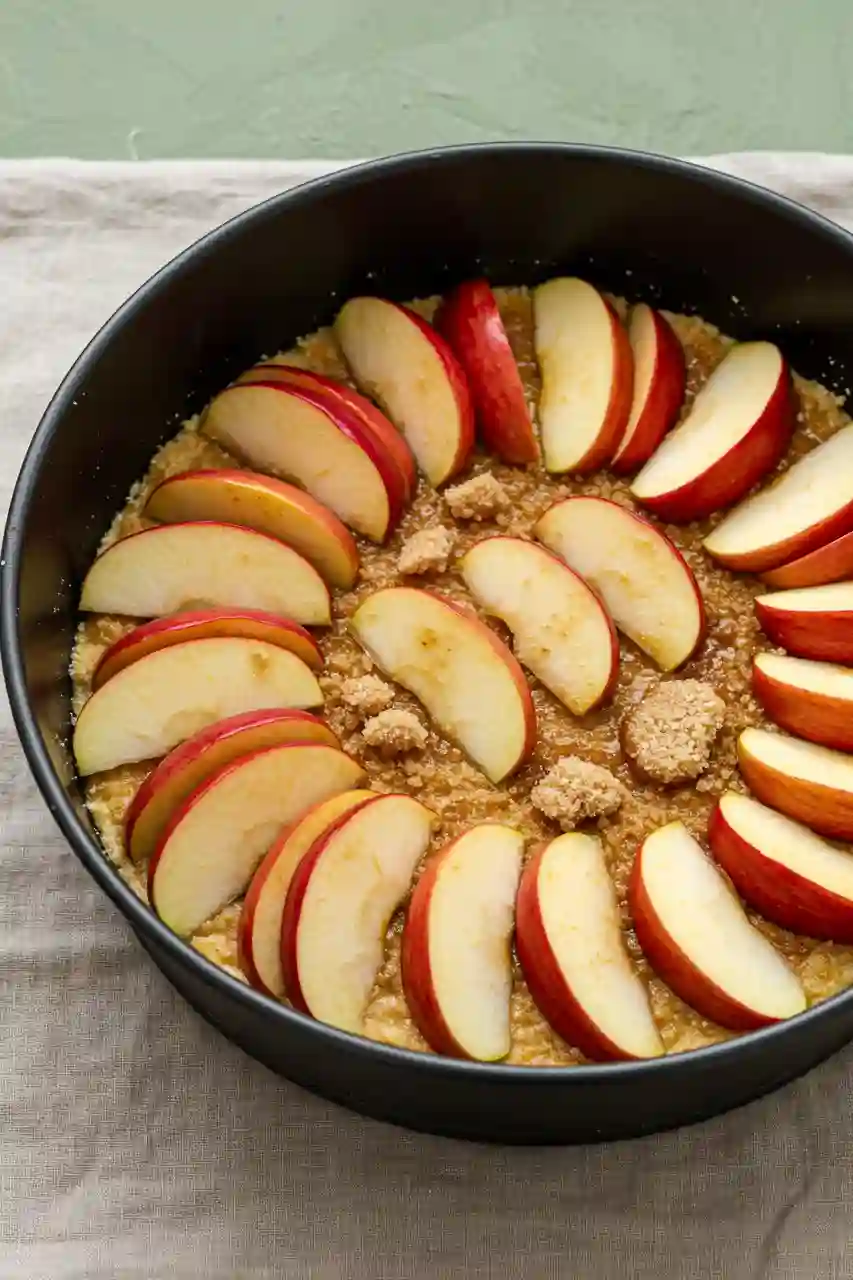 Caramel Apple Upside Down Cake Key Step Apples layered over caramel in pan for caramel apple upside down cake