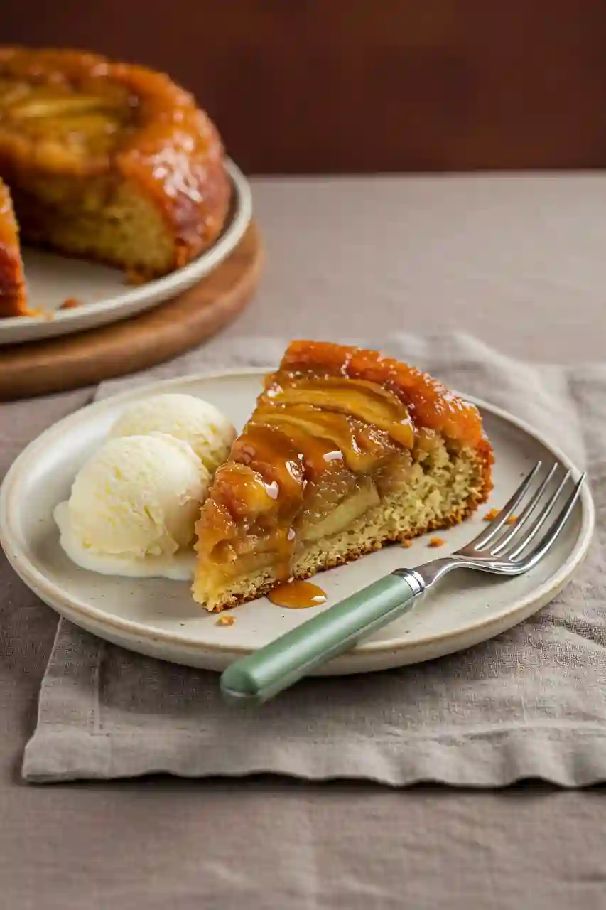 Caramel Apple Upside Down Cake Serving Slice of caramel apple upside down cake with caramel drizzle and ice cream