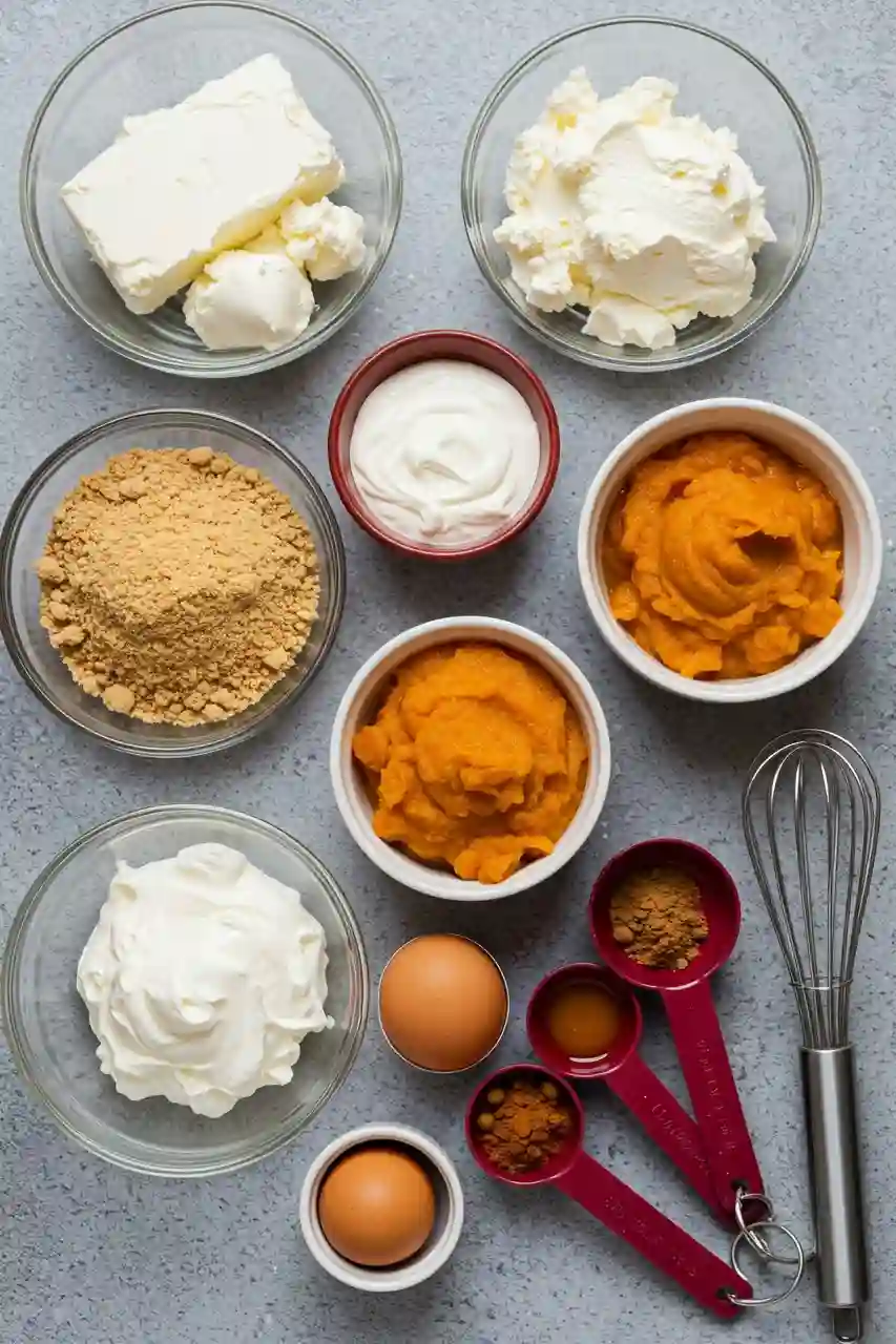 Cheesecake with Pumpkin Swirl Ingredients Flat Lay Overhead view of ingredients for cheesecake with pumpkin swirl on a stone-grey background.