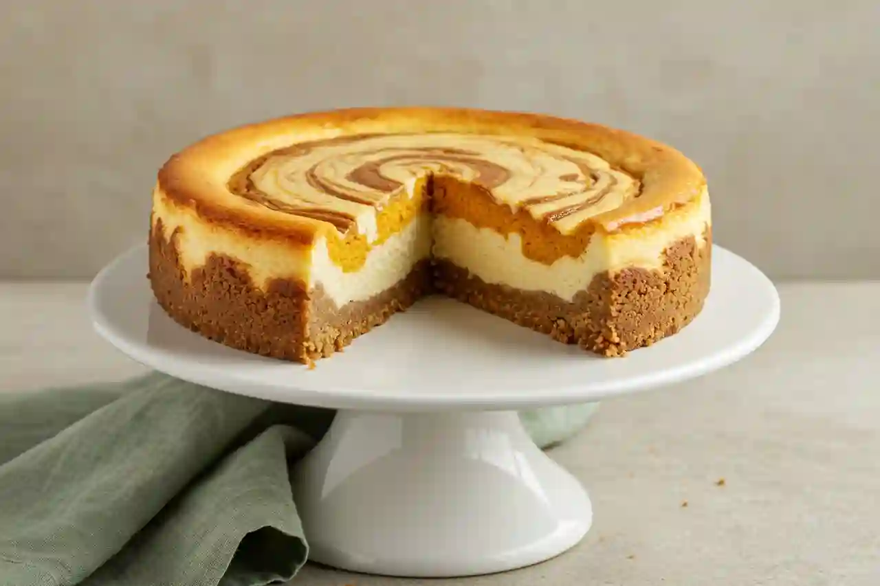 Feature image of cheesecake with pumpkin swirl on a white cake stand with marbled top.