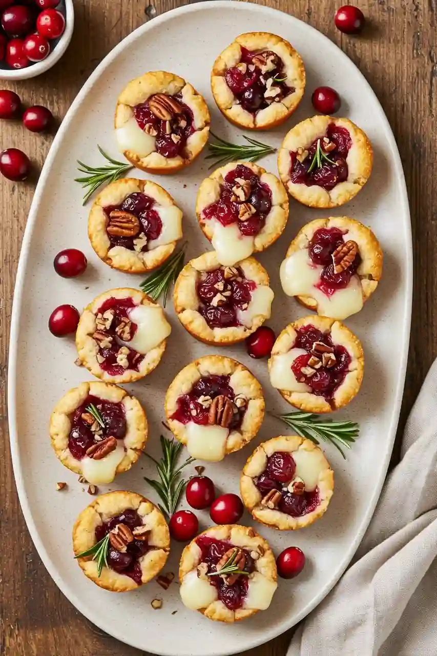 Cranberry Brie Bites – Thanksgiving Appetizers Recipes Golden cranberry brie bites topped with pecans and rosemary on a serving tray, a festive option for Thanksgiving appetizers recipes.