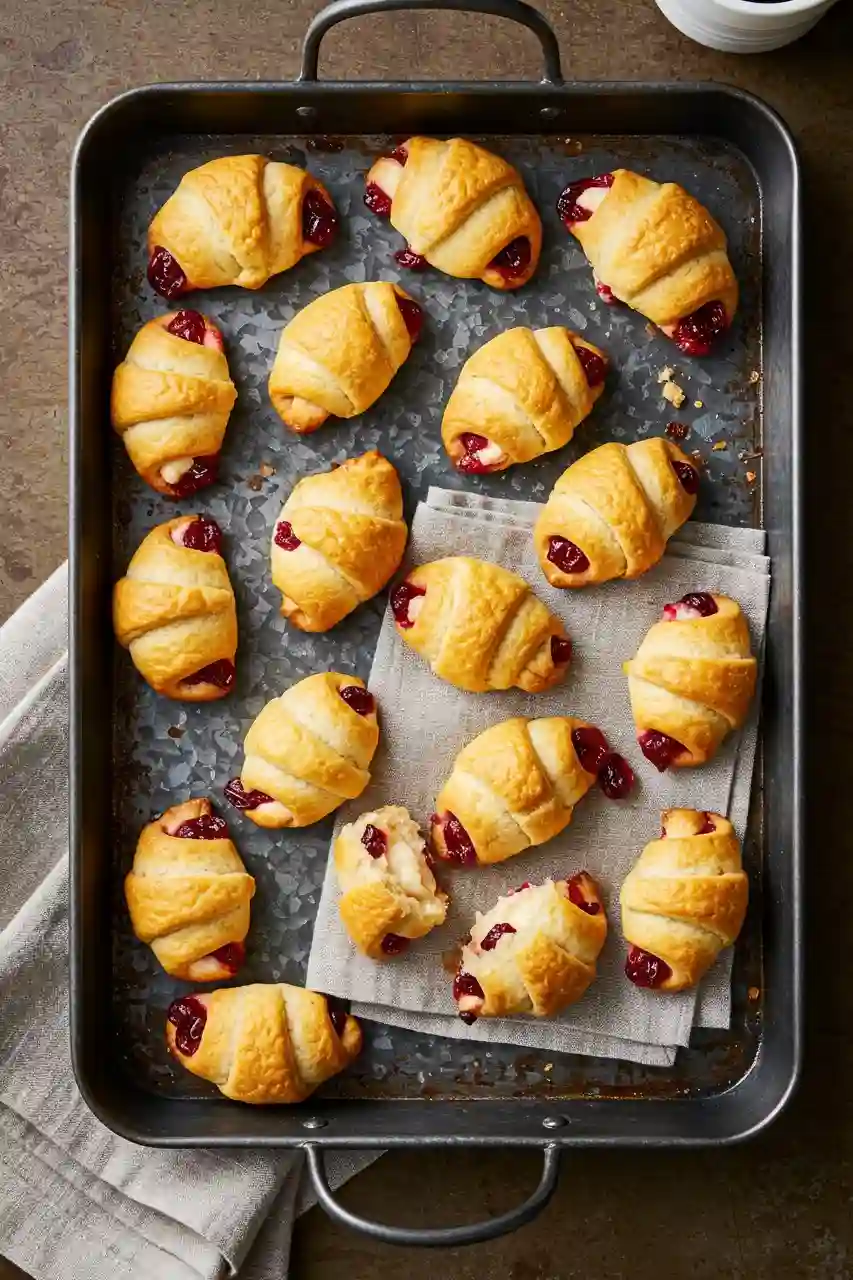 Cranberry Cream Cheese Bites – Thanksgiving Appetizers Recipes Golden crescent rolls filled with cream cheese and cranberry sauce baked on a tray, a festive option for Thanksgiving appetizers recipes.
