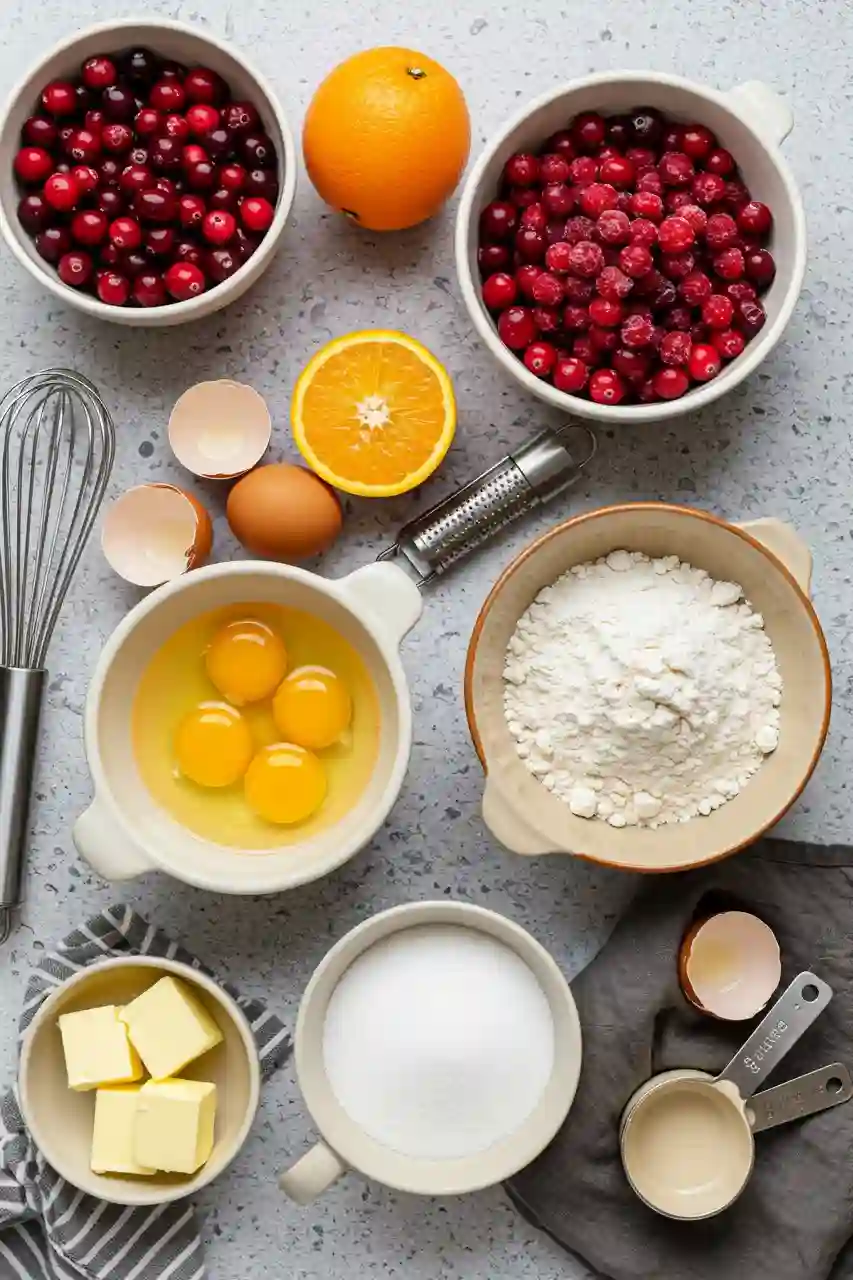 Cranberry Orange Curd Tart Ingredients Flatlay of ingredients for cranberry orange curd tart on neutral brand-toned surface