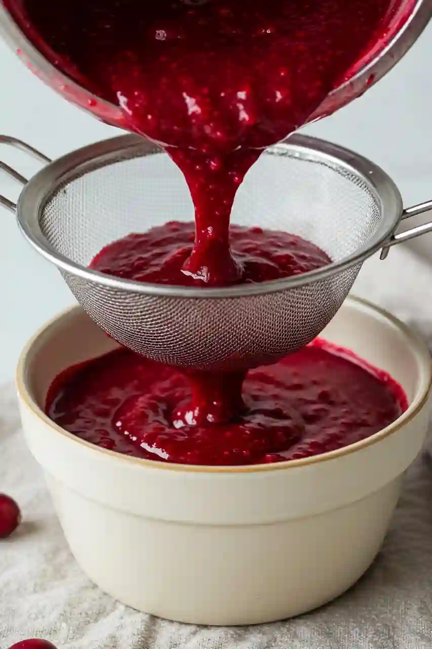 Cranberry Orange Curd Tart Key Step Straining cranberry curd for cranberry orange curd tart with fine mesh sieve