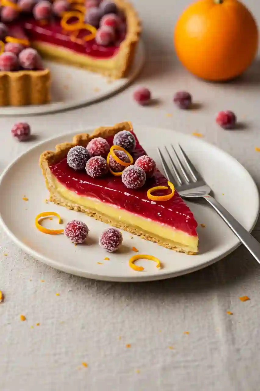 Cranberry Orange Curd Tart Serving Slice of cranberry orange curd tart on dessert plate with sugared cranberries and zest garnish