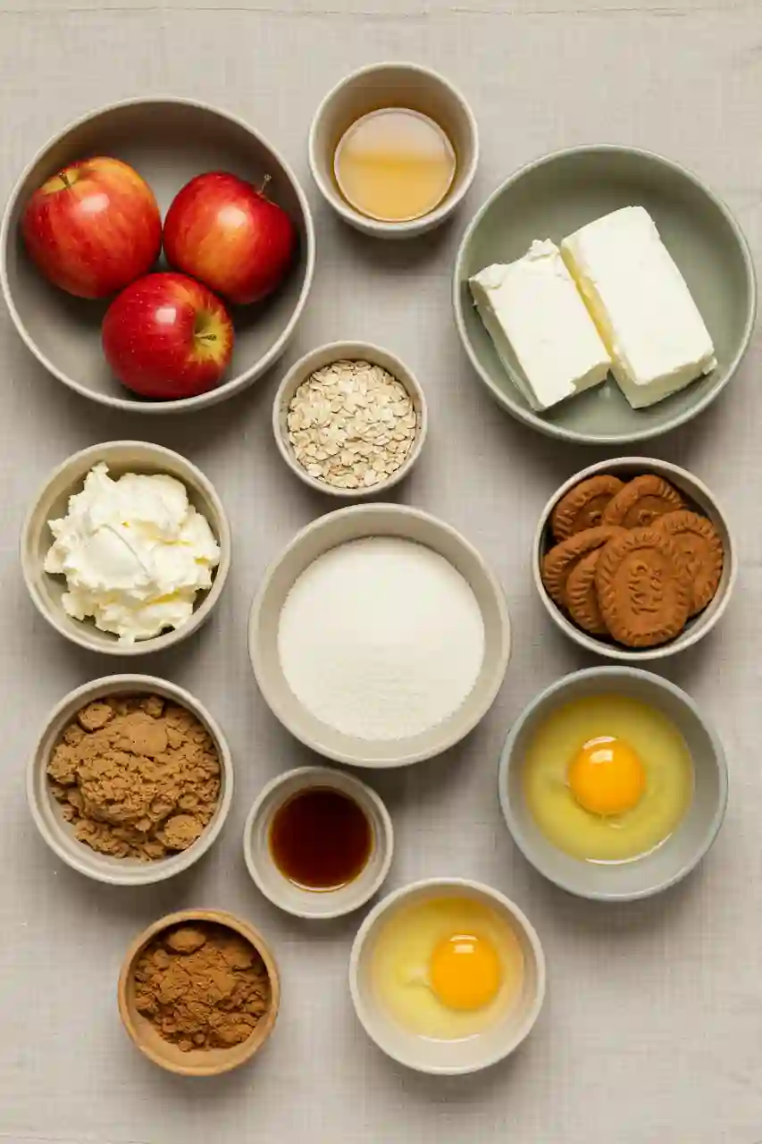 Crumble Cheesecake Ingredients Flatlay of apple crumble cheesecake ingredients styled with brand colors