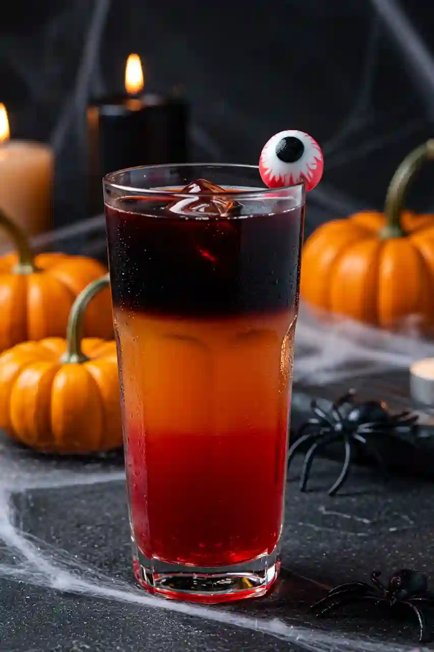 Dusk ’til Dawn Halloween Cocktail A layered Halloween cocktail with blue and purple gradient, lemon garnish, and ice cubes, photographed with candles and a jack-o’-lantern in the background.