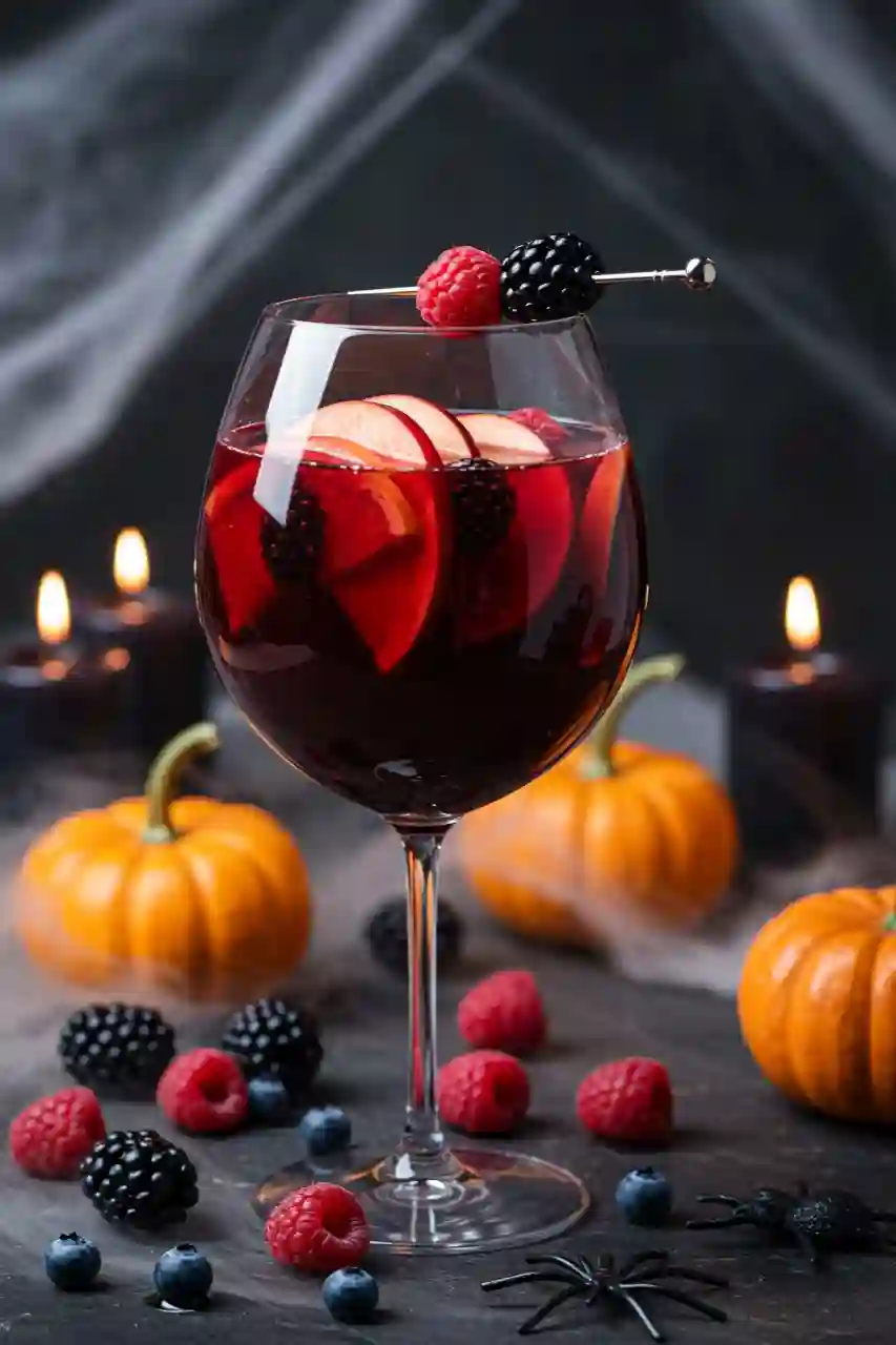 Halloween Sangria Recipe A large wine glass of deep red sangria with berries and apple slices, surrounded by pumpkins, black candles, cobwebs, and mist for a spooky Halloween atmosphere.