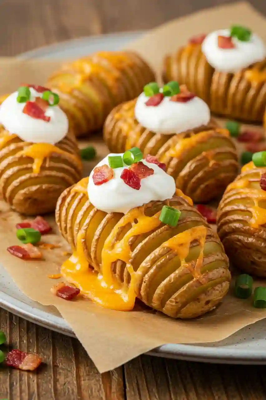 Hasselback Potato Bites – Thanksgiving Appetizers Recipes Mini hasselback potatoes topped with melted cheddar, sour cream, bacon, and green onions, a festive dish for Thanksgiving appetizers recipes.