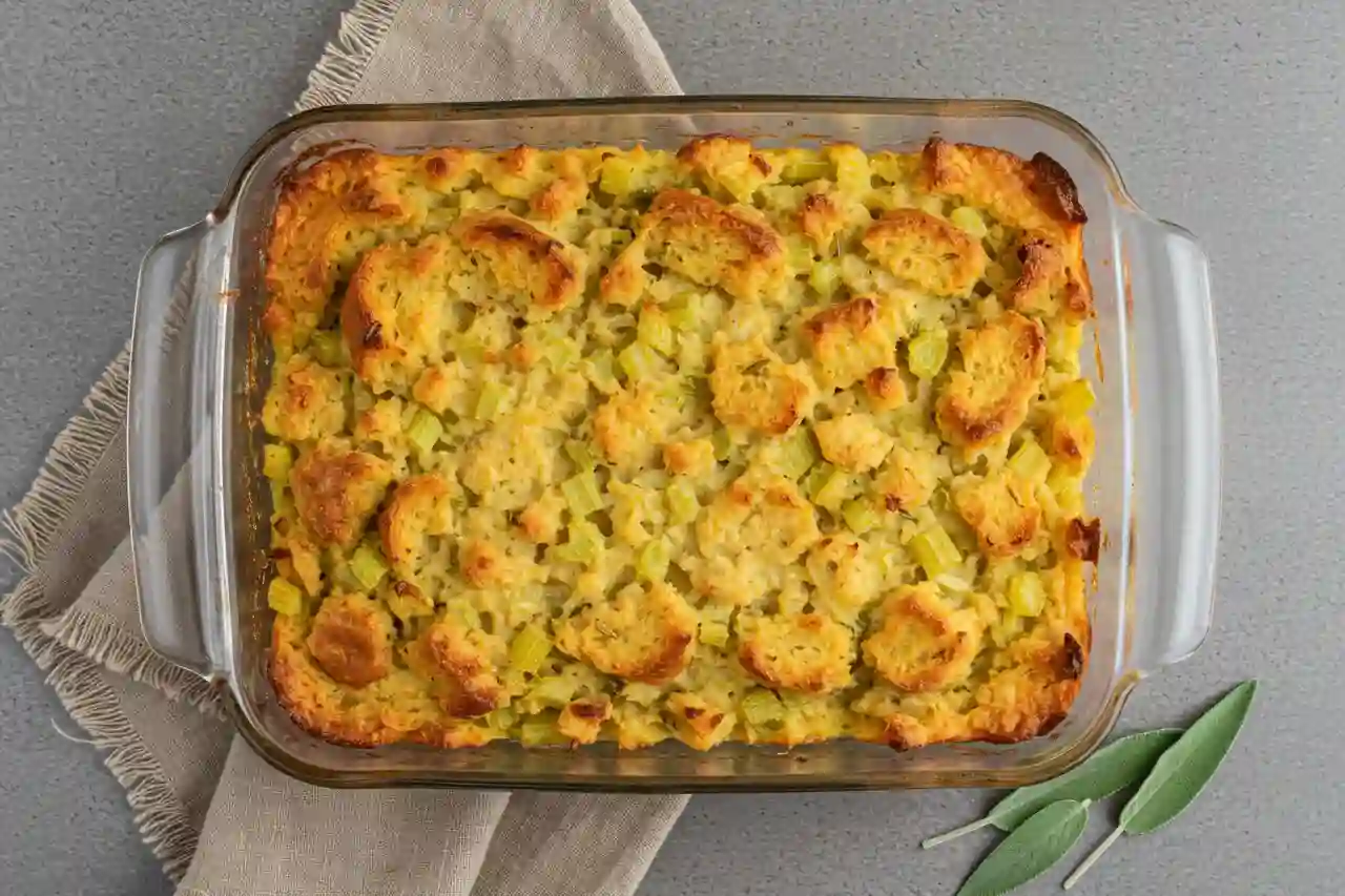 Baked Thanksgiving dressing in a glass dish with golden crust and visible vegetables