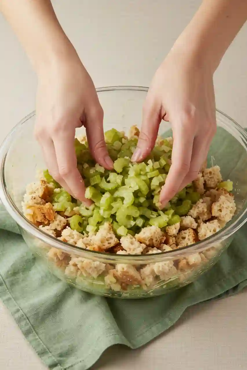 Image_fx (48)_compressed Hands mixing vegetables into torn bread for Thanksgiving dressing