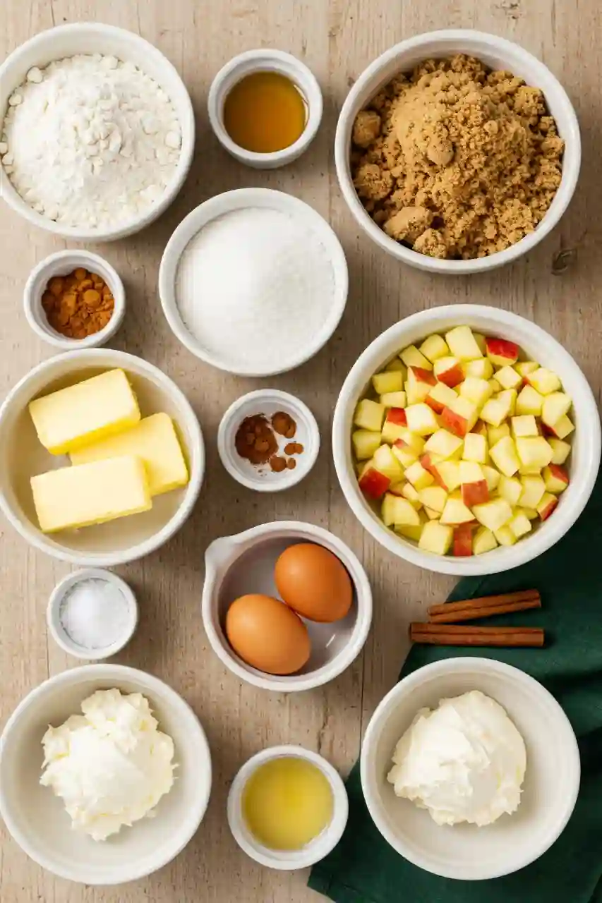 Ingredients for Apple Cinnamon Blondies Flatlay of ingredients for apple cinnamon blondies with maple frosting