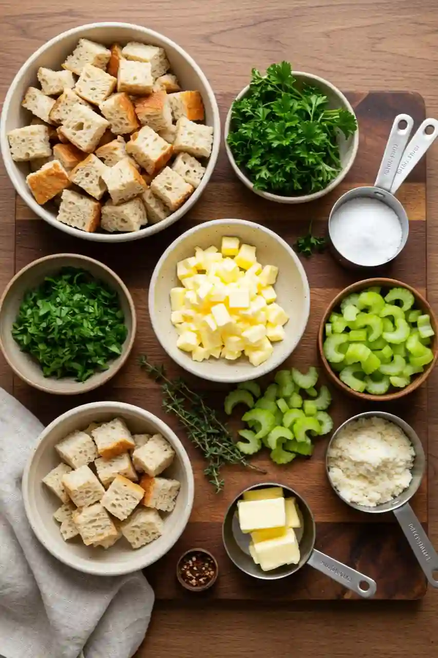 Ingredients for Classic Butter Herb Stuffing Recipe Bread cubes, herbs, butter, and vegetables laid out for stuffing