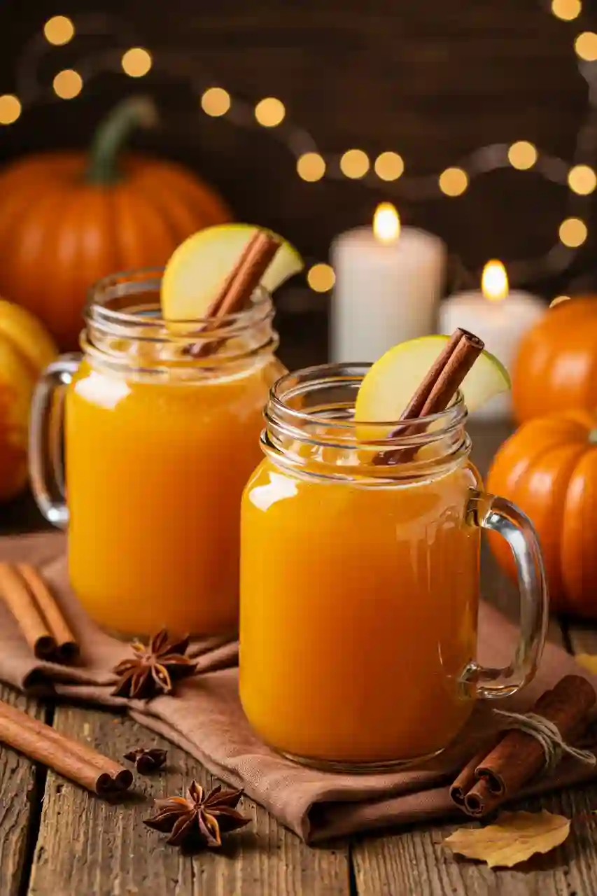 Pumpkin Beer Halloween Cocktail Two mason jars filled with pumpkin beer cocktail, garnished with apple slices and cinnamon sticks, surrounded by pumpkins, candles, and autumn spices.