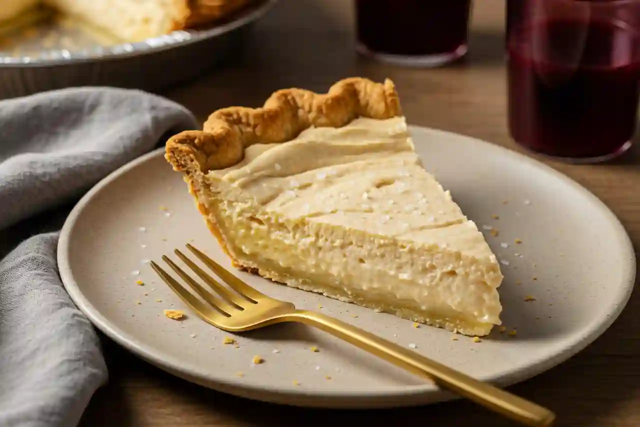 Slice of salted maple pie on a beige ceramic plate with gold fork and muted rustic tones.