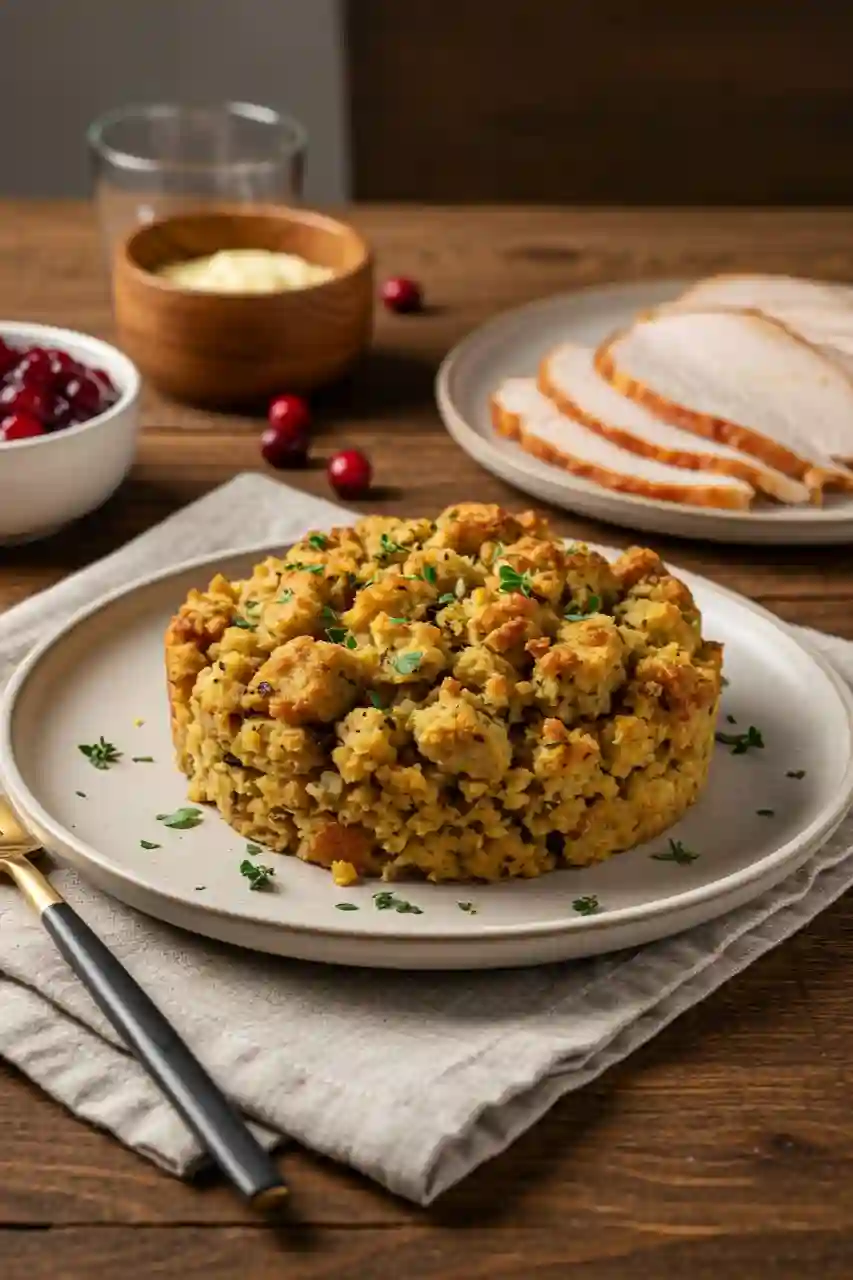 Served Portion of Classic Butter Herb Stuffing A serving of classic butter herb stuffing on a styled holiday plate