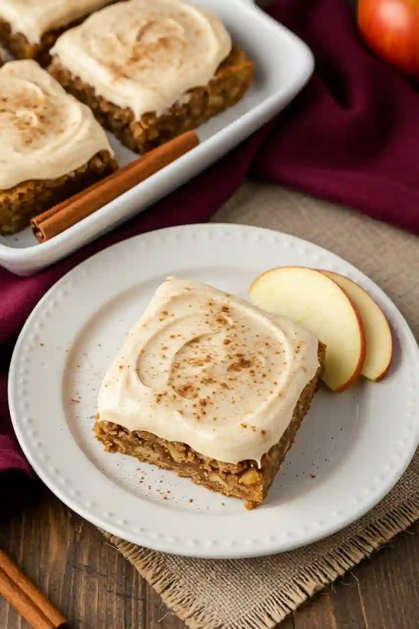 Serving Apple Cinnamon Blondies with Frosting Frosted apple cinnamon blondies served with apples on a plate