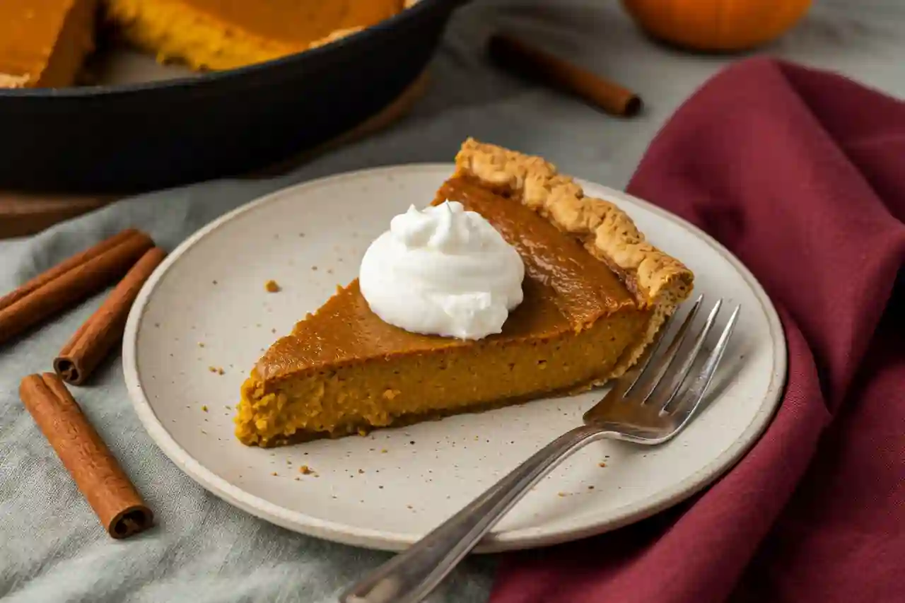 Skillet pumpkin chiffon pie in skillet with whipped cream swirls and cinnamon
