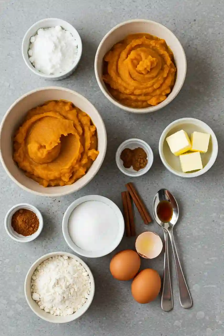 Skillet Pumpkin Chiffon Pie Ingredients Ingredients for skillet pumpkin chiffon pie arranged on sage gray background