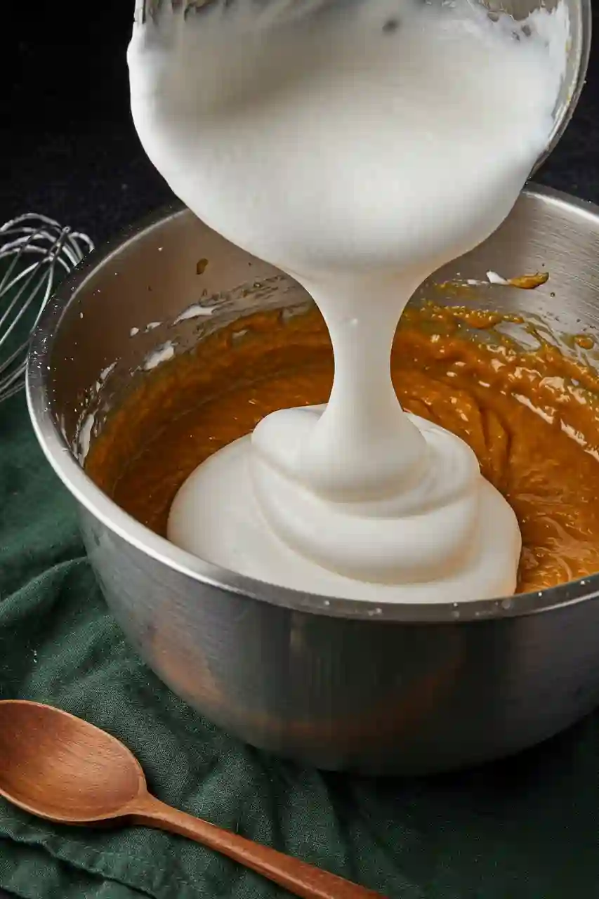 Skillet Pumpkin Chiffon Pie Key Step Folding whipped meringue into pumpkin base for skillet pumpkin chiffon pie