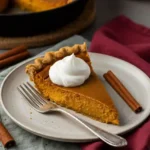 Slice of skillet pumpkin chiffon pie served with whipped cream on off-white plate