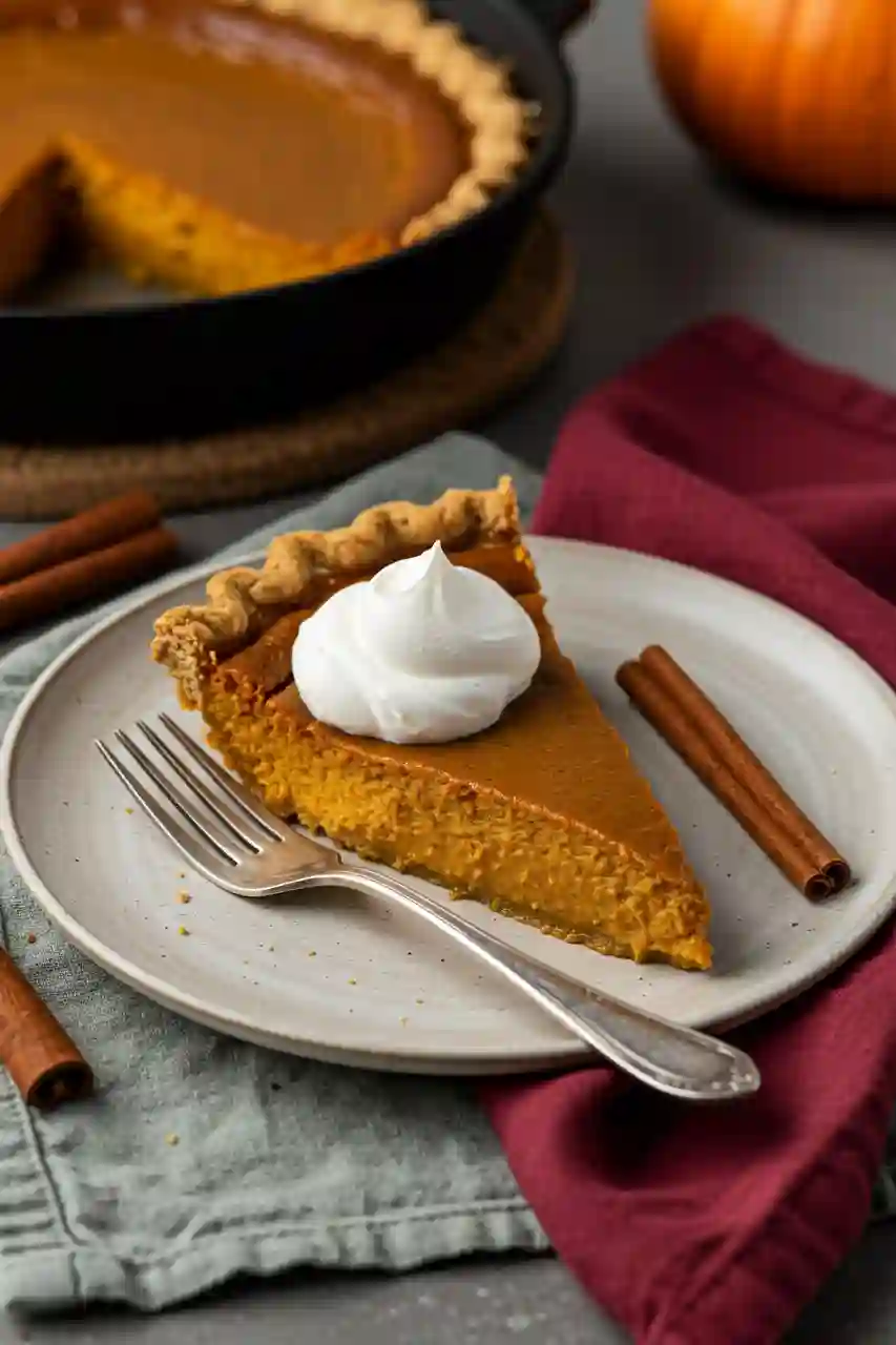 Skillet Pumpkin Chiffon Pie Serving Slice of skillet pumpkin chiffon pie served with whipped cream on off-white plate