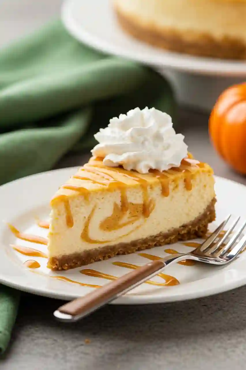 Slice of Cheesecake with Pumpkin Swirl Served on White Plate Slice of cheesecake with pumpkin swirl on a plate with caramel drizzle and whipped cream.