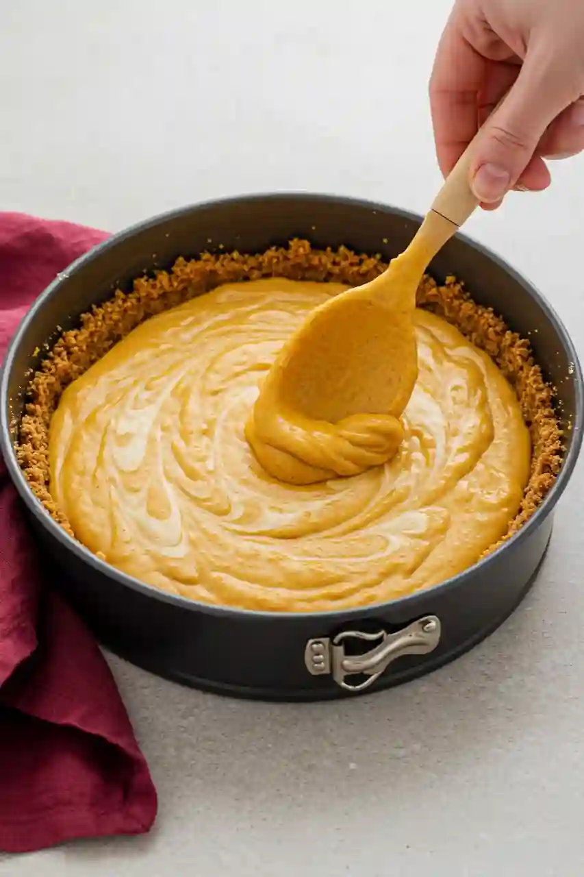 Swirling Pumpkin into Cheesecake Batter Key step showing pumpkin mixture being swirled into cheesecake batter in a springform pan.