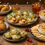 A rustic Thanksgiving table filled with easy appetizers recipes including cranberry brie bites, spinach artichoke wonton cups, and hasselback potatoes.
