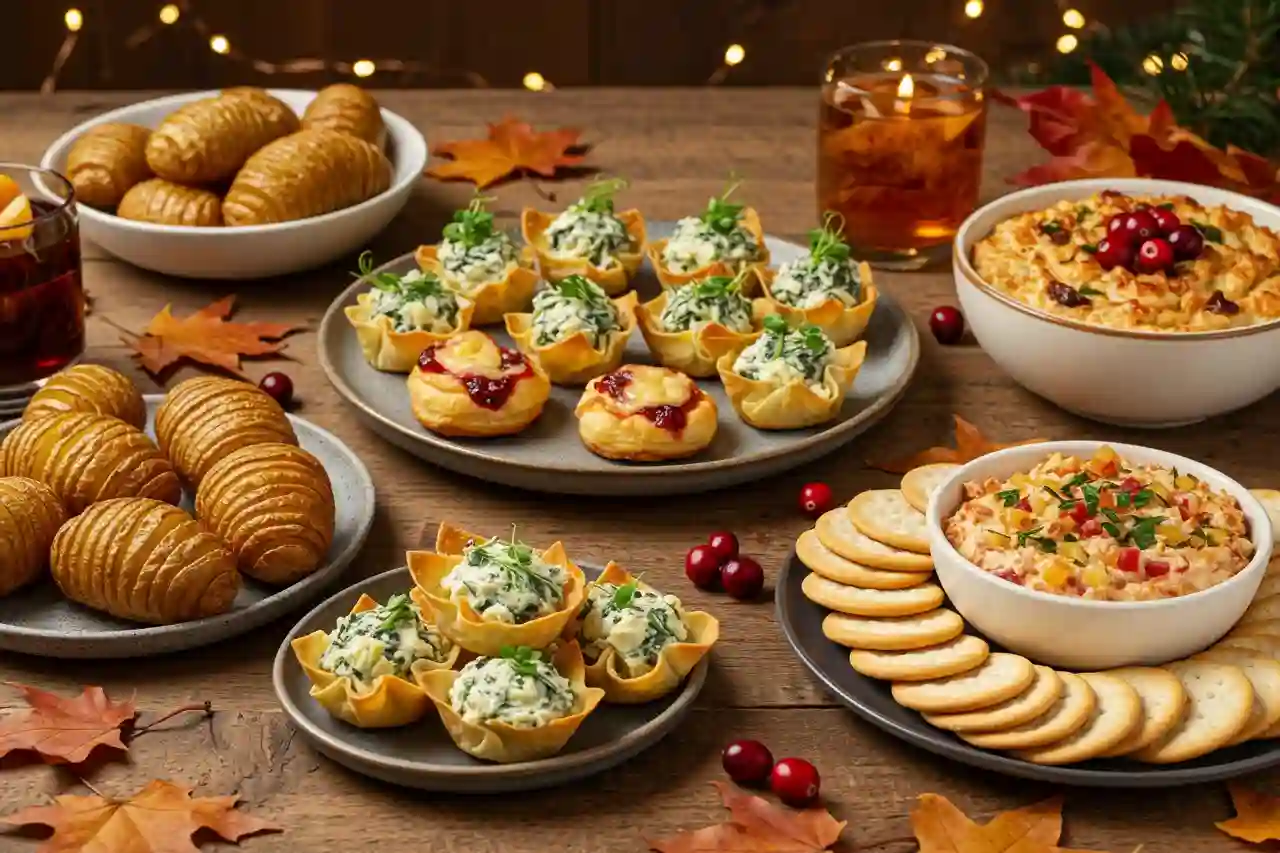 A rustic Thanksgiving table filled with easy appetizers recipes including cranberry brie bites, spinach artichoke wonton cups, and hasselback potatoes.