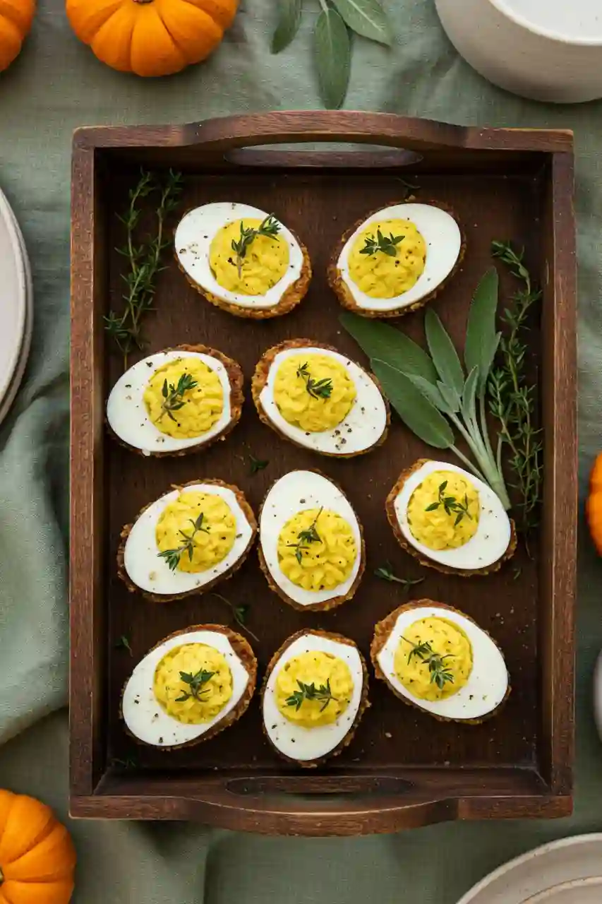 Thanksgiving Deviled Eggs – Thanksgiving Appetizers Recipes Classic deviled eggs garnished with fresh herbs on a wooden tray, a festive starter for Thanksgiving appetizers recipes.