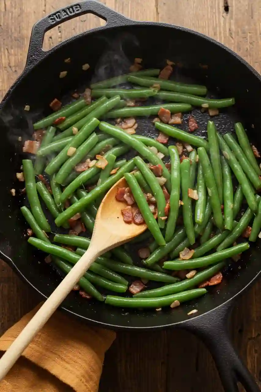 bacon-and-green-beans-cooking Green beans and onions cooking in cast iron with steam rising