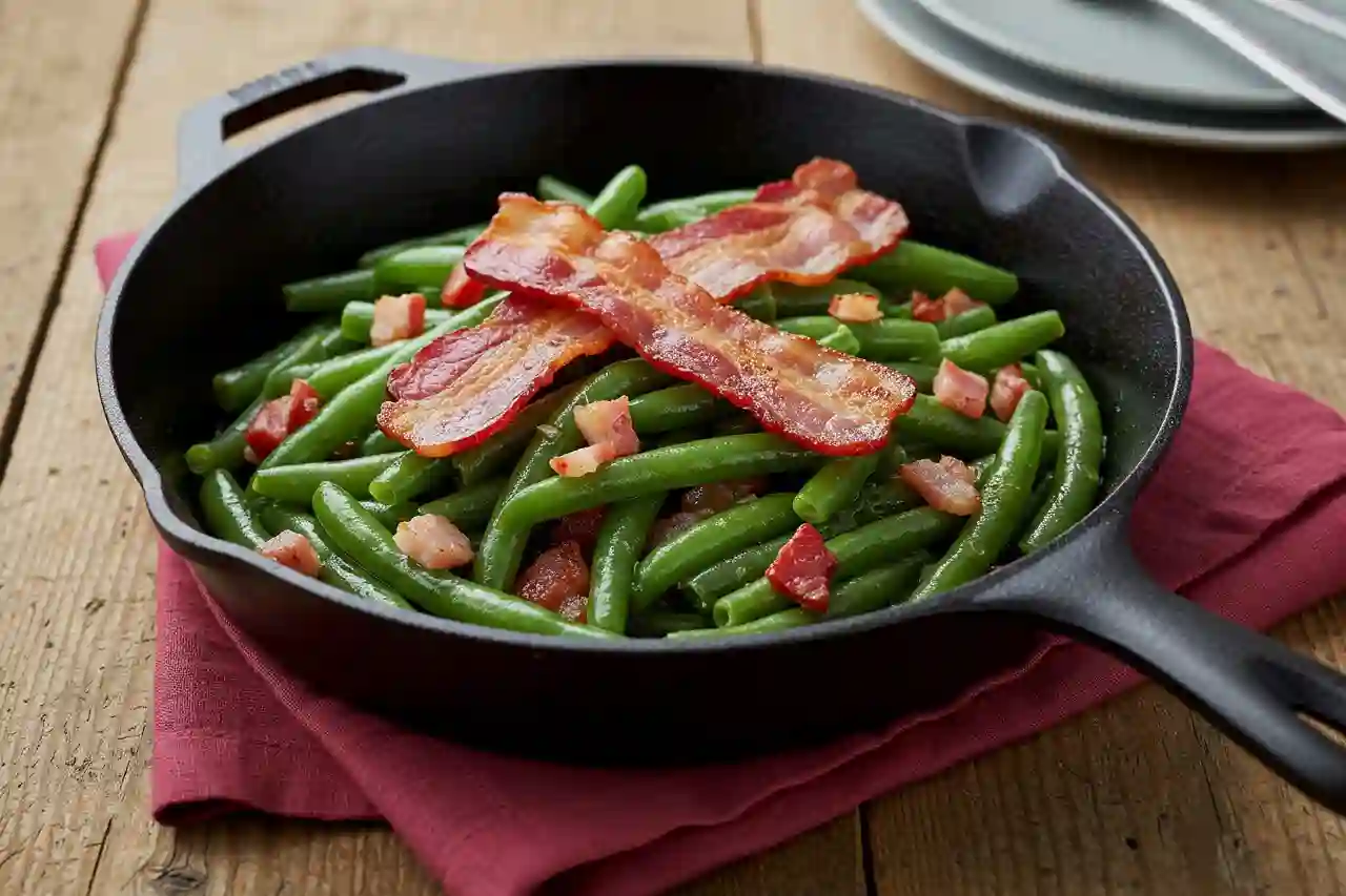 Southern bacon and green beans in a cast iron skillet with red linen